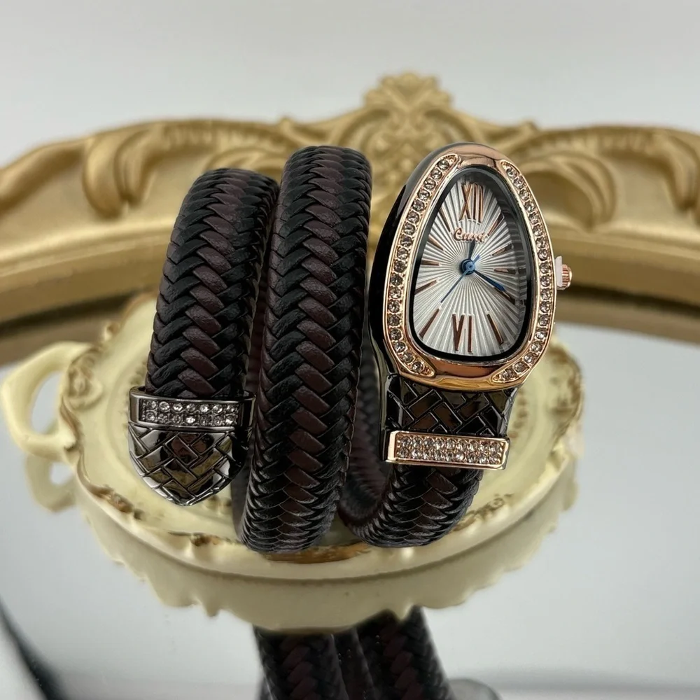 Serpenti Style Wrap Watch –Brown & Black Faux Leather Rose Gold Tone Silver Dial
